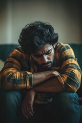 Sad depressed Indian man sitting in his living room, depression and loneliness, mental health concept. Vertical (2:3)