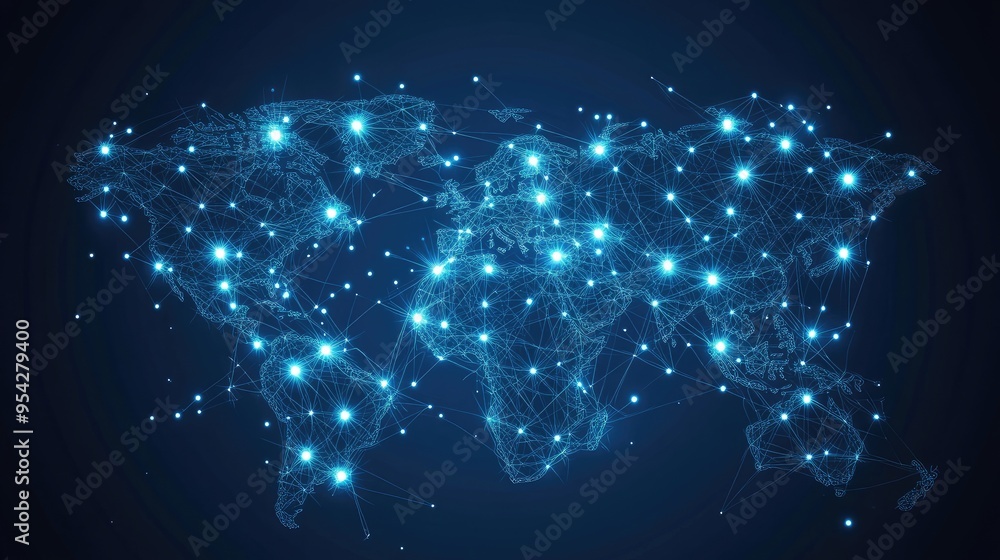 Poster digital world map with interconnected points glowing across various regions, symbolizing global onli