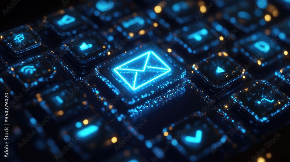 Aufkleber email send button glowing on a virtual keyboard, with digital graphics and icons, symbolizing online