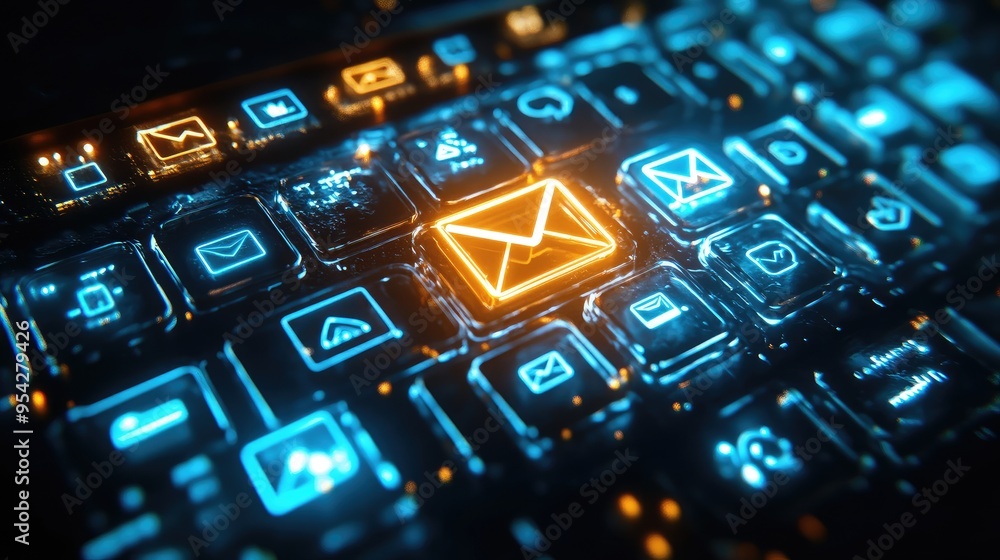 Poster email send button glowing on a virtual keyboard, with digital graphics and icons, symbolizing online