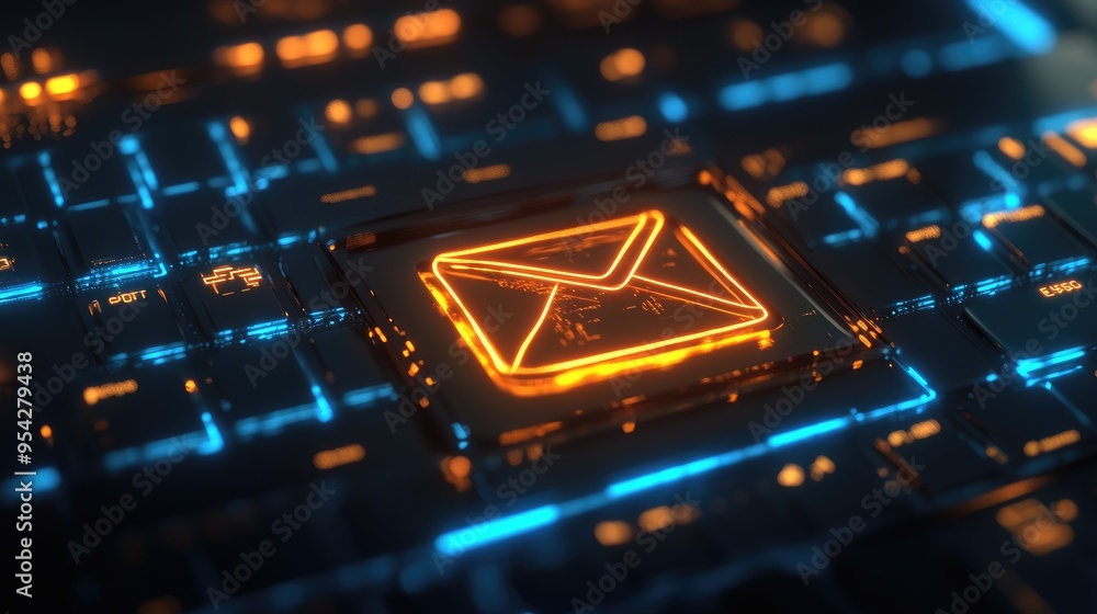 Poster email send button glowing on a virtual keyboard, with digital graphics and icons, symbolizing online