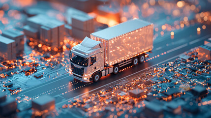 A miniature truck on a digital circuit board, symbolizing the intersection of transport and technology in modern logistics.