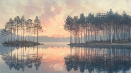 Obraz premium Tranquil Sunset Reflection on Still Lake with Twin Tree Lines