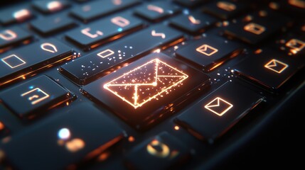 Fototapeta premium Email send button glowing on a virtual keyboard, with digital graphics and icons, symbolizing online communication, no people