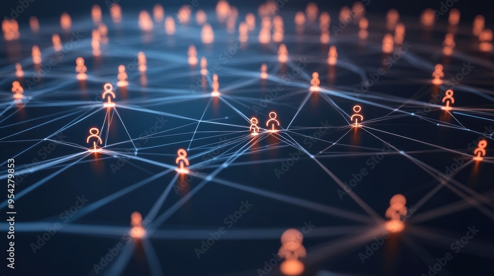 Poster graphic of interconnected digital nodes and glowing lines on a dark background, symbolizing a virtua