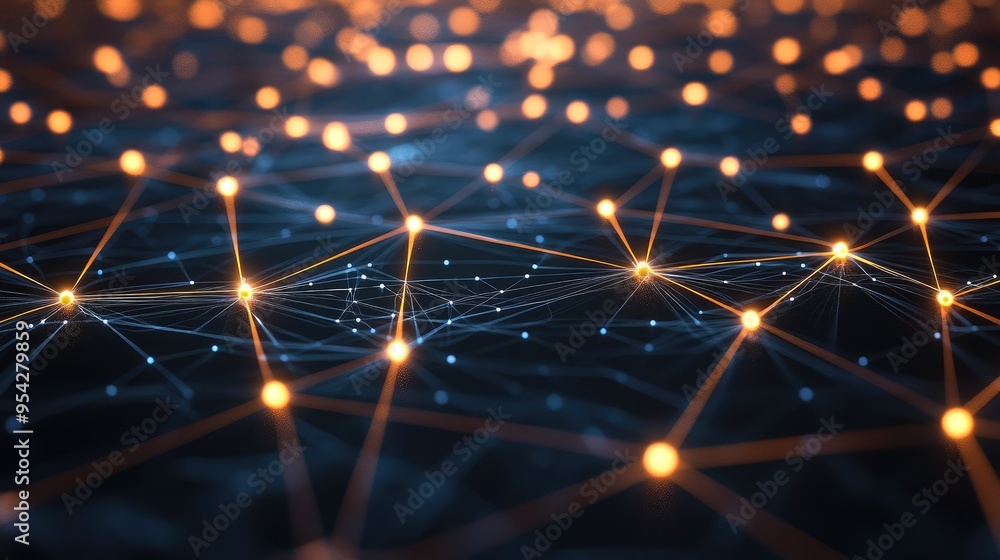 Poster graphic of interconnected digital nodes and glowing lines on a dark background, symbolizing a virtua