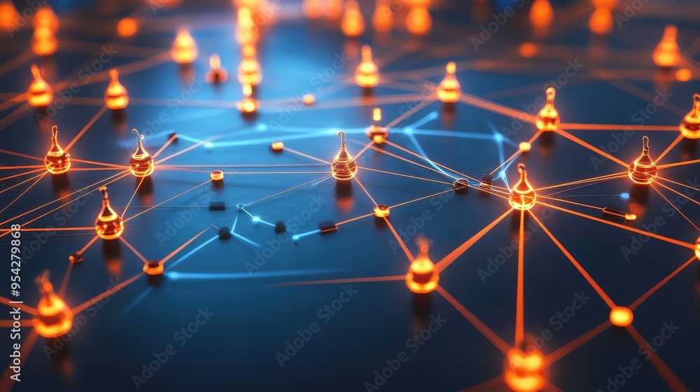 Poster graphic of interconnected digital nodes and glowing lines on a dark background, symbolizing a virtua