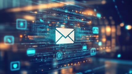 Obraz premium Graphic of an open email window with the send button highlighted, surrounded by digital icons, on a blurred background, no people