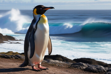 a king penduin standing on sea rock