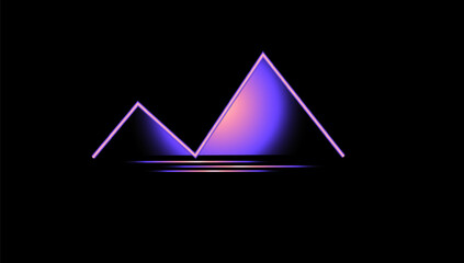 Glowing pyramid background, Vaporwave neon mountains eps, hologram cyberspace banner, Purple vector illustration, travel concept 