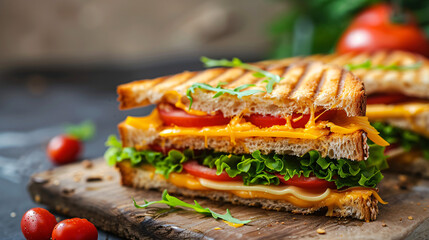 Grilled sandwiches with lettuce, tomato, cheese, and turkey on whole grain bread. Close-up food photography on a wooden surface.