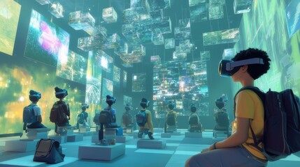  A futuristic classroom in the metaverse where students wearing VR headsets engage in a digital learning environment filled with floating screens and virtual data projections.