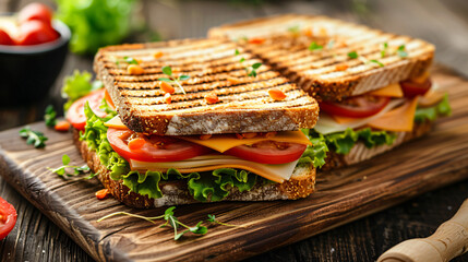 Grilled sandwiches with lettuce, tomato, cheese, and turkey on whole grain bread. Close-up food photography on a wooden surface.
