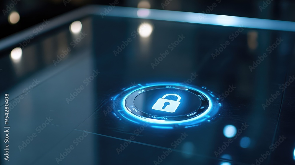 Poster image of a push button with a digital lock icon on a glass surface, illuminated from underneath, no 
