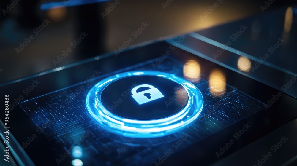 Poster image of a push button with a digital lock icon on a glass surface, illuminated from underneath, no 