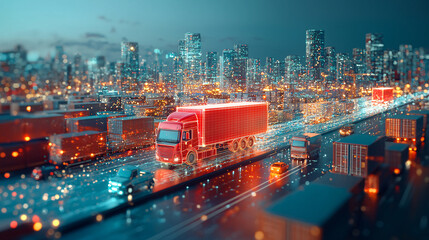 Fototapeta premium Glowing red truck traveling through a city at night, surrounded by bright lights and modern skyscrapers.