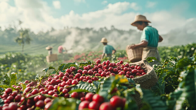Harvesting fresh coffee cherries in a scenic farm surrounded by lush hills and a clear blue sky.