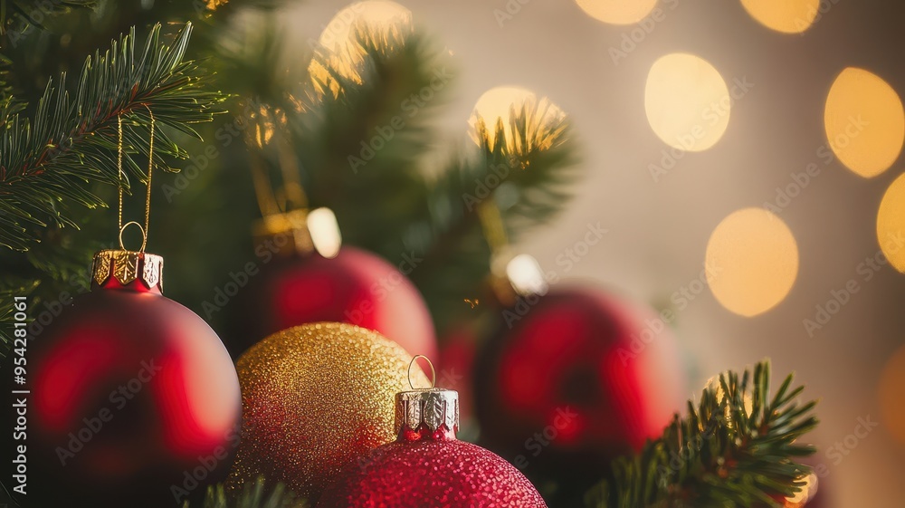 Aufkleber close-up of colorful ornaments on a christmas tree, surrounded by soft bokeh lights, creating a fest