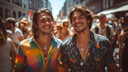 Obraz premium Two smiling men in colorful shirts on a sunny day.