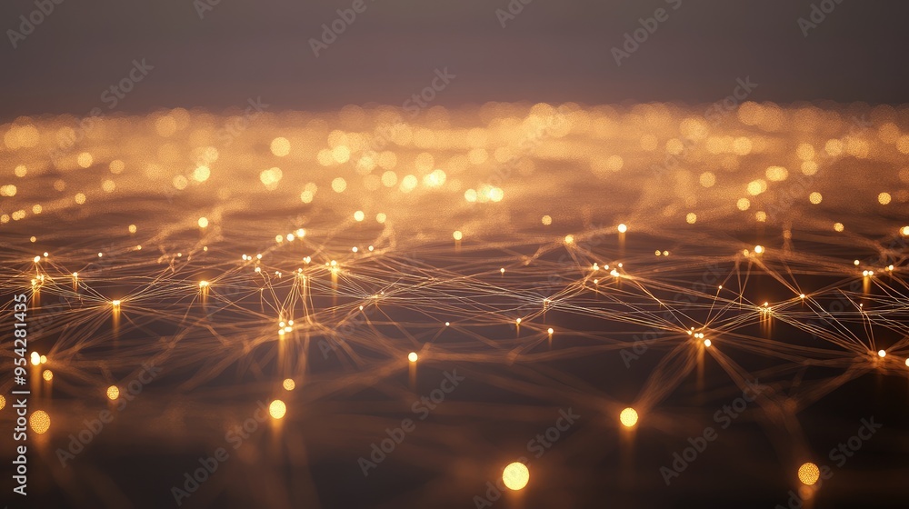 Poster minimalist network diagram with glowing lines and dots over a neutral background, representing virtu