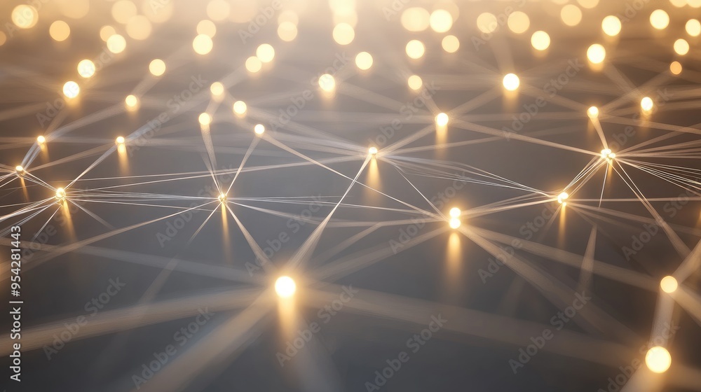 Poster minimalist network diagram with glowing lines and dots over a neutral background, representing virtu