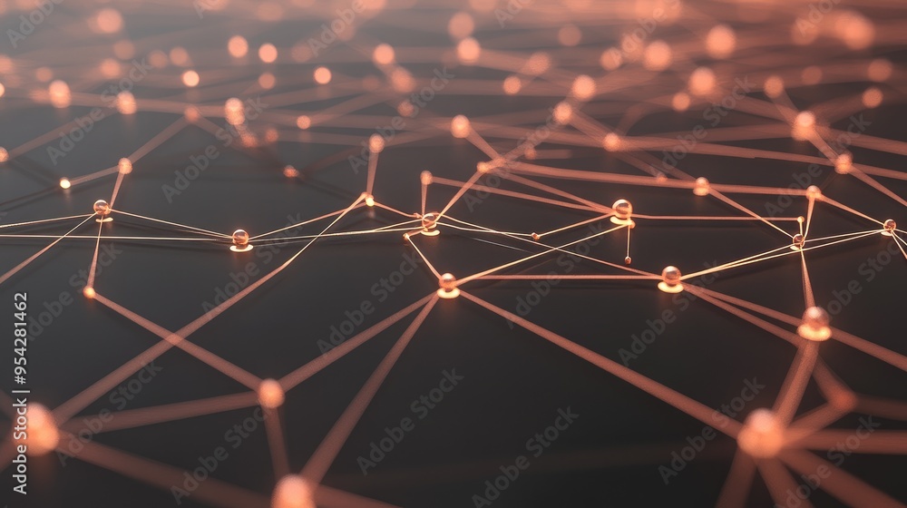 Poster minimalist network diagram with glowing lines and dots over a neutral background, representing virtu