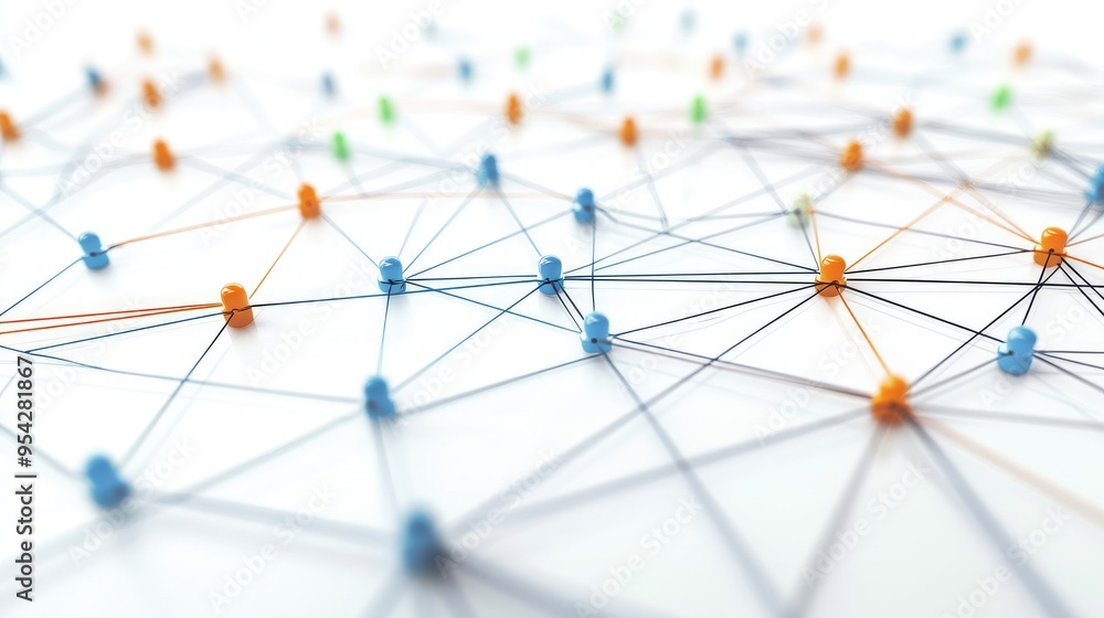 Aufkleber virtual network diagram with interconnected nodes on a white background, representing an online comm