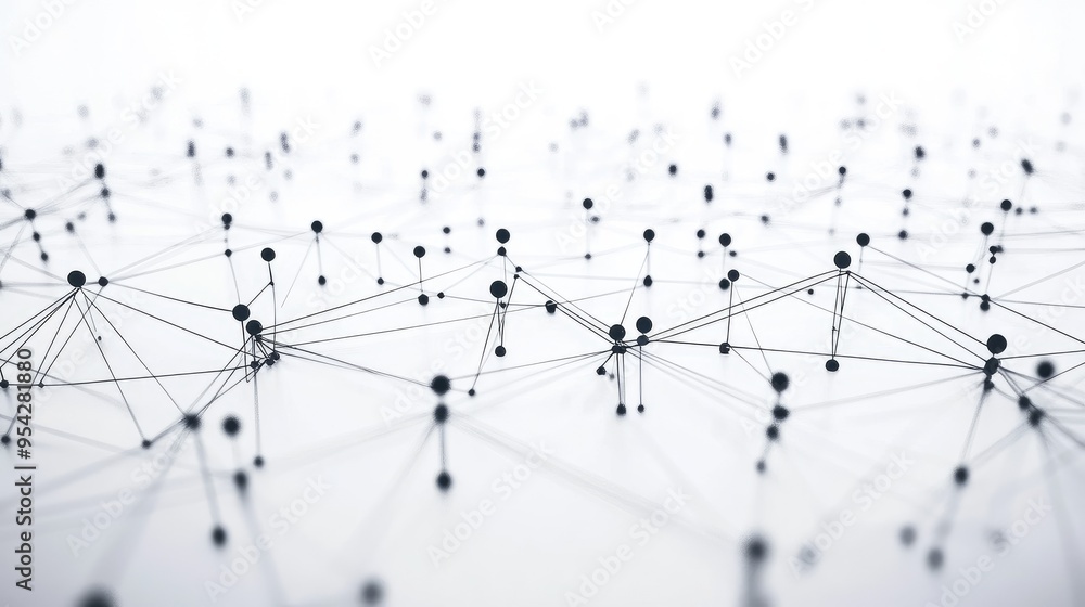 Poster virtual network diagram with interconnected nodes on a white background, representing an online comm