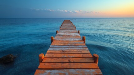 Fototapeta premium Wooden Pier Extending into Calm Sea at Sunset