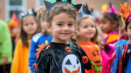A Halloween costume parade at a school, with kids proudly showing off their outfits.