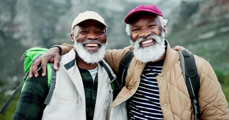 Senior black men, hiking and face in nature with smile from fitness, wellness and trekking in the mountains for health. Outdoor, happy and best friends with camping backpack and laughing together