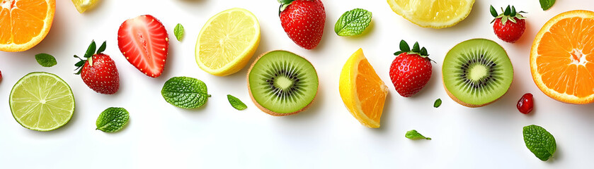 Fototapeta premium Fresh Fruit Flat Lay with Kiwi Orange Lemon and Strawberry