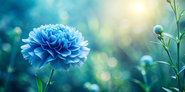 Delicate blue carnation bloom surrounded by lush greenery evoking nostalgia and vintage elegance