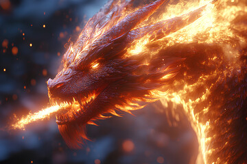 Fototapeta premium fire dragon spits fire