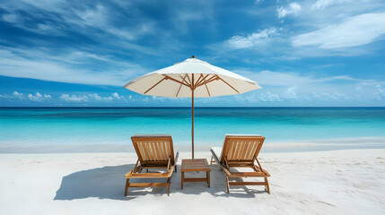 Obraz premium Tropical Beach Paradise with Two Lounge Chairs and White Umbrella