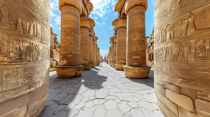 Ancient Egyptian Temple Colonnade with Hieroglyphics