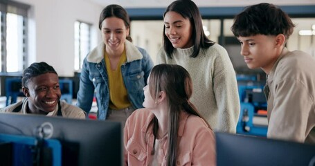 College, students and computer lab at school for education, tech and group project with collaboration. Happy, diversity and digital research in class with smile from teamwork, discussion and study - Powered by Adobe