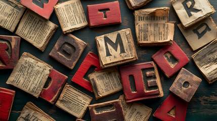 Vintage Wooden Alphabet Blocks on Rustic Background