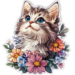 This picture is a drawing of a cat with brown and white striped fur. The cat's face looked serious but contained a calm expression. Has clear green eyes The cat was surrounded by beautifully blooming 