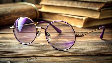 A pair of vintage-inspired, rounded, wire-framed spectacles with translucent purple lenses perches on a worn, wooden table amidst scattered books and papers.