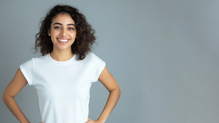 Obraz premium Arabian woman smile hands on hips wearing white t-shirt isolated on gray