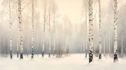 Fototapeta premium A Snowy Birch Forest with a Misty Atmosphere