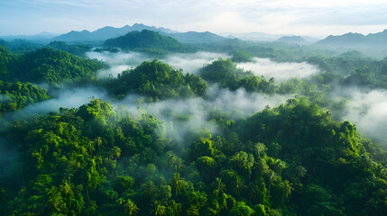 Aerial View of Misty Rainforest Jungle Landscape