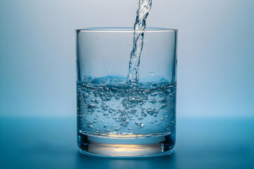 Pouring Water into Glass with Bubbles on Blue Background
