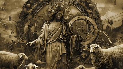 Jesus with a shepherds staff surrounded by glowing holographic sheep