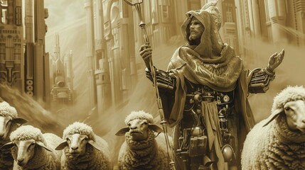 Jesus with a shepherds staff surrounded by glowing holographic sheep