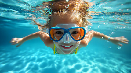 Fototapeta premium Underwater photo of a smiling girl wearing a snorkeling mask.