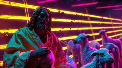 Jesus with his flock on a neon grid
