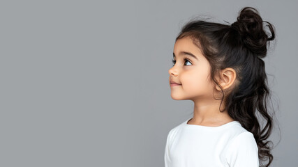 Fototapeta premium Side view of Arabian little girl wearing white dress isolated on gray