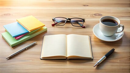 Fototapeta premium Neatly organized desk with coffee, glasses, open books, sticky notes, and pens